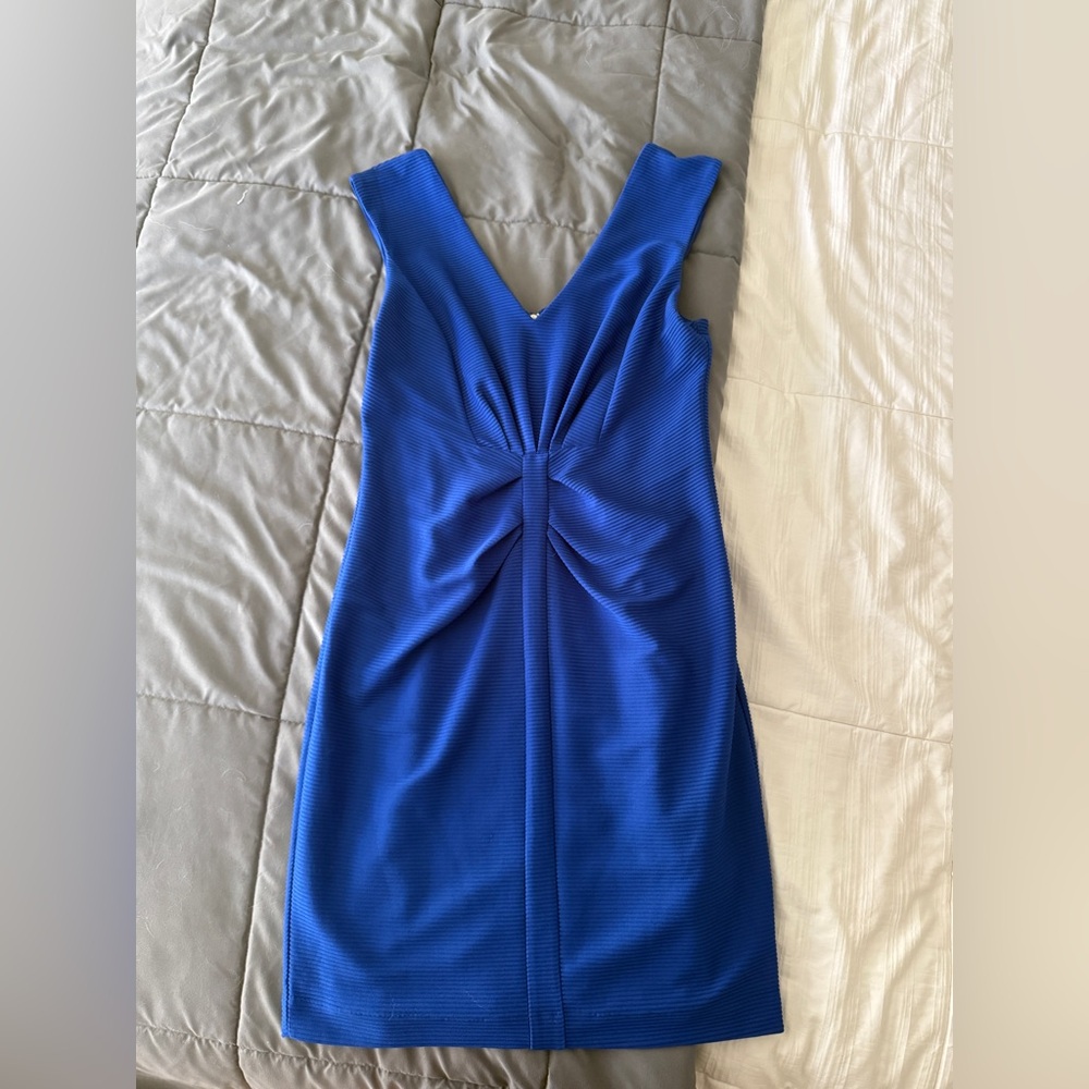 Express Blue Ruched Sheath Midi Dress